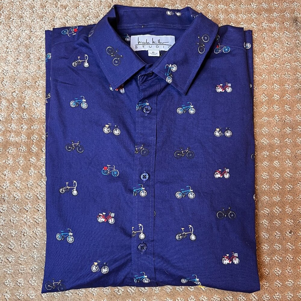Nicole Miller Bicycle Print Graphic Long Sleeve Button Up Size XL Bikes Cotton